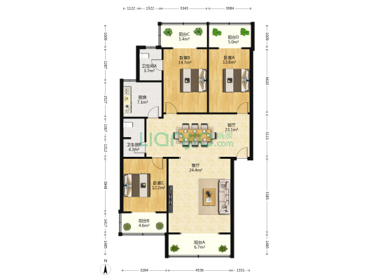 都市公寓 3室2厅2卫 130平方