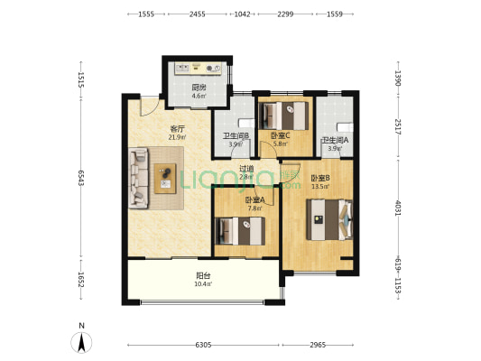 天悦锦麟 3室1厅2卫 98平方