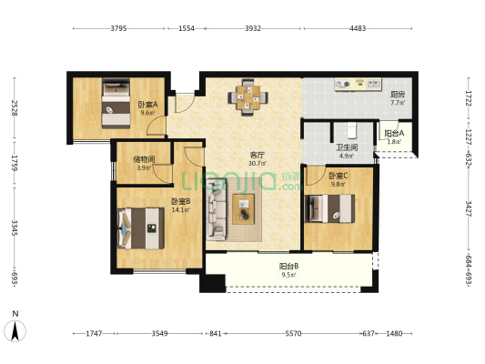 诺德滨江逸园 3室1厅1卫 119平方
