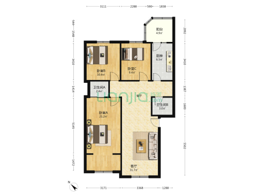 白马后巷20号 3室1厅2卫 104平方