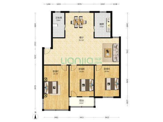 招商公寓 3室1厅1卫 138平方