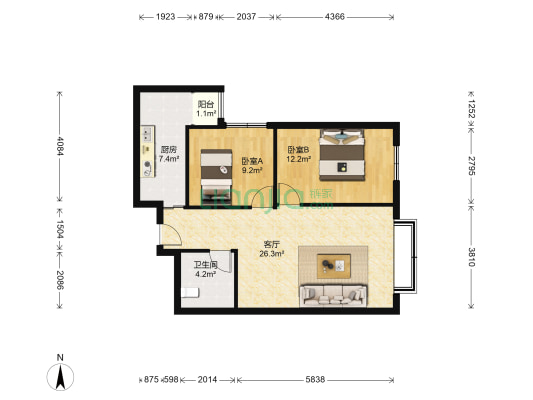 星辰苑 2室1厅1卫 82平方
