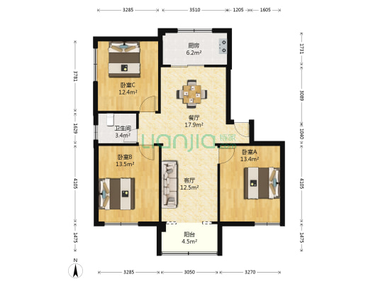 金港花苑 3室2厅1卫 96平方