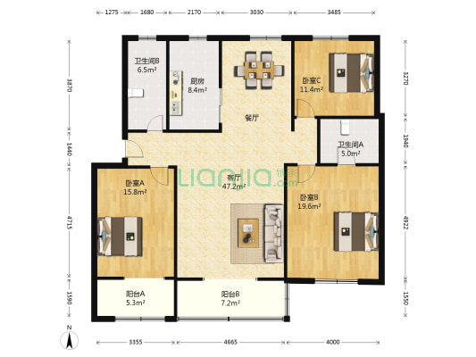 绿苑小区 3室1厅2卫 133平方