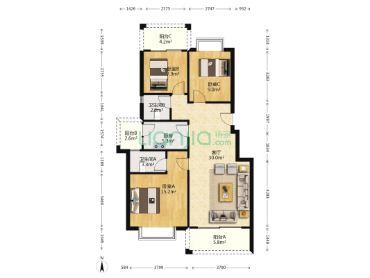 景韵世家 3室1厅2卫 100平方