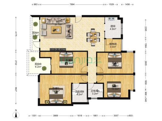 温馨家园 4室1厅2卫 130平方