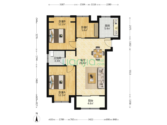 信达蓝庭(公寓) 3室1厅1卫 88平方