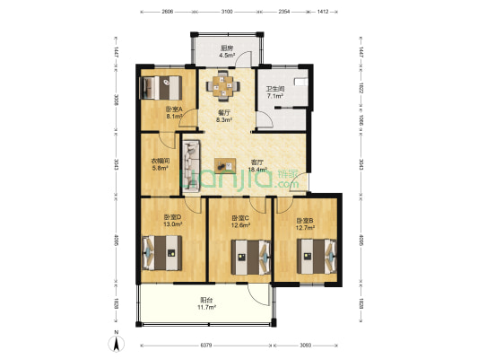 菜篮子科技园宿舍 4室2厅1卫 122平方
