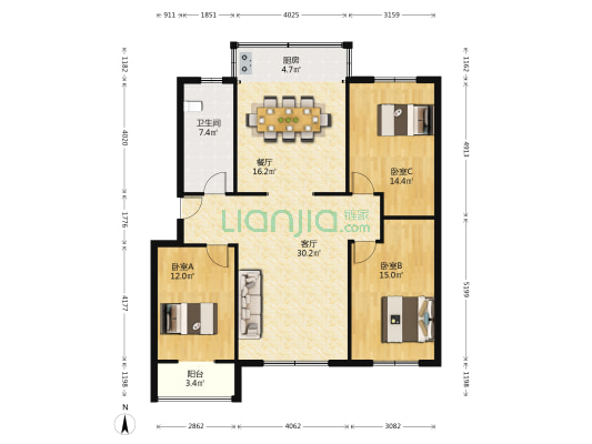 陽光家園 3室2厅1卫 125平方