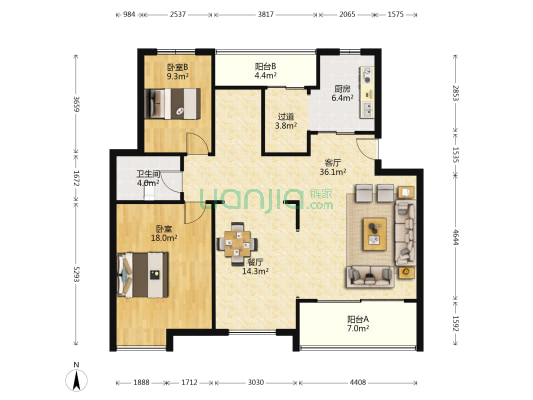 天泰城韩国城 2室2厅1卫 164平方