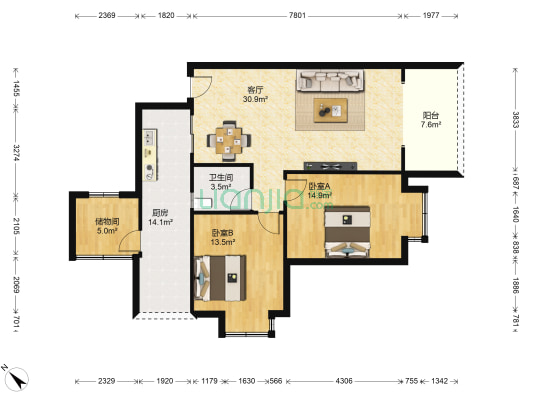 眉州公馆 2室1厅1卫 84平方