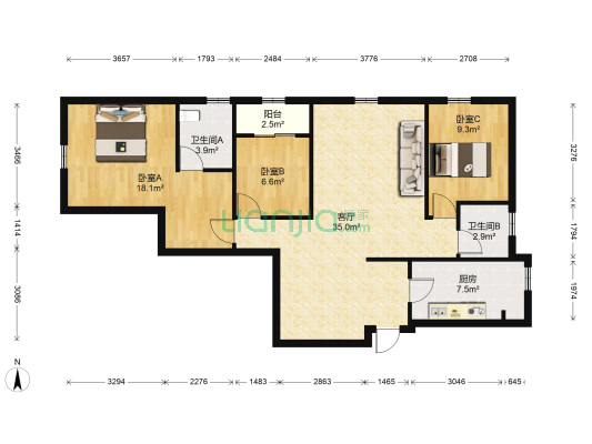 葡萄街区天宇花园 3室1厅2卫 120平方