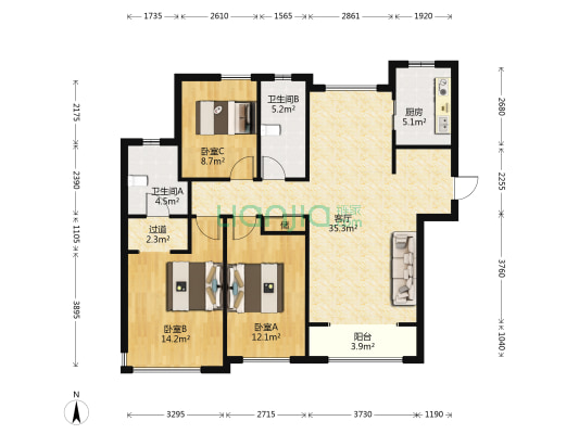 北岸中心 3室1厅2卫 134平方