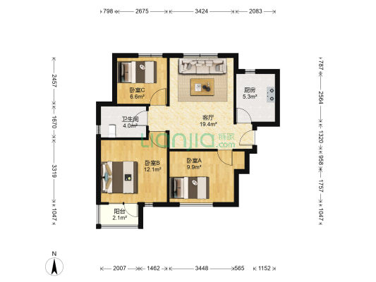 秋棠轩 3室1厅1卫 91平方