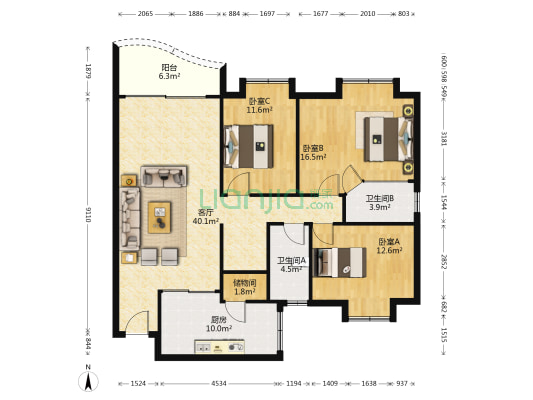 富康花园 3室1厅2卫 129平方