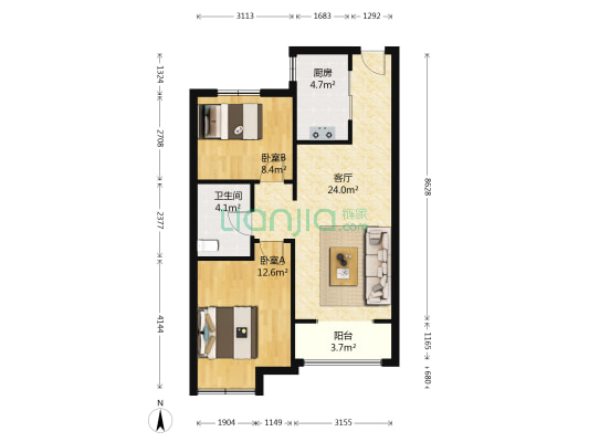 中海国际社区御城 2室1厅1卫 78平方