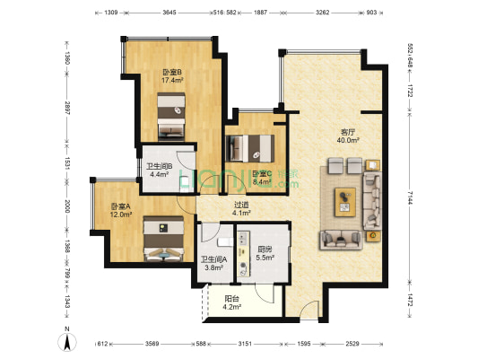 中海右岸二期 3室1厅2卫 107平方