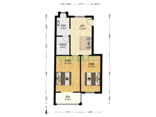 湖边坊123号 2室1厅1卫 65平方