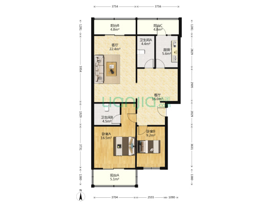 满五年，南北通透2居室，前后双阳台，中间楼层，-户型图