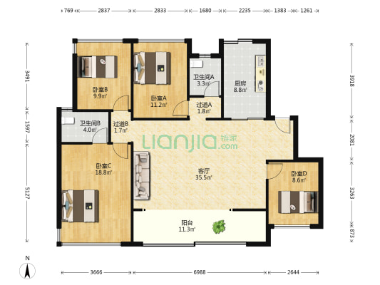 万达西江月 4室1厅2卫 126平方