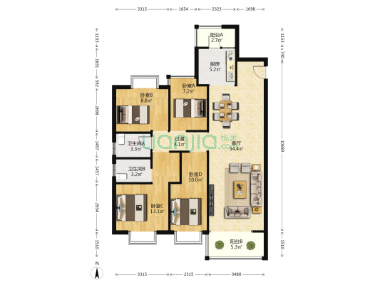 京江欣翠 4室1厅2卫 127平方