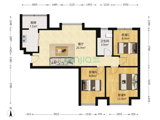 东山雅居 3室1厅1卫 93平方