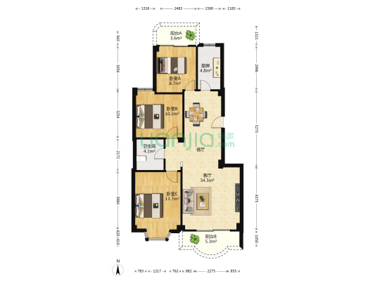 金岳花园 3室1厅1卫 102平方