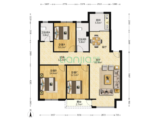 水晶城一期 3室1厅2卫 121平方