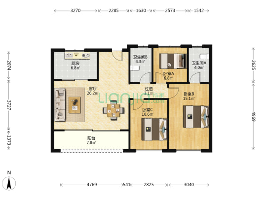 绿城晓月和风 3室1厅2卫 110平方