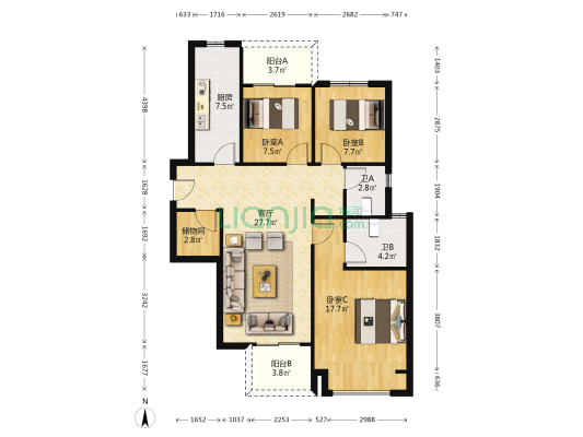麟起城三号院 3室1厅2卫 119平方