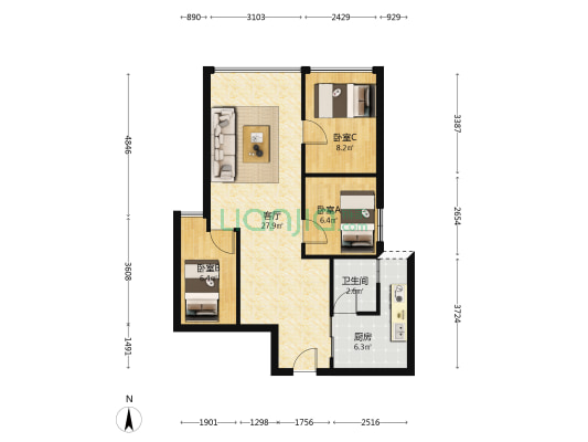 汇信华府 3室1厅1卫 73平方