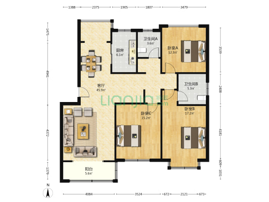 华骥苑（二区） 3室1厅2卫 126平方