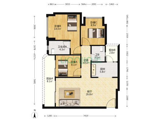 御璟悦来源鹭 3室1厅2卫 102平方