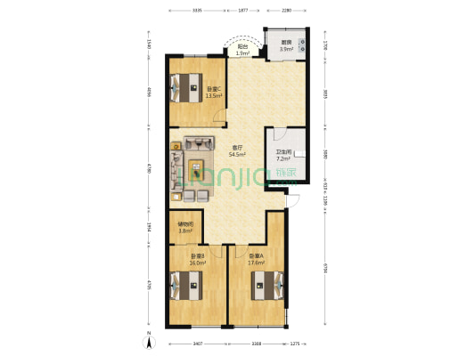 青山广场 3室1厅1卫 139平方
