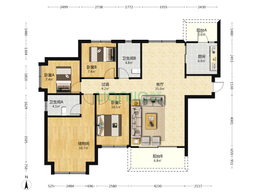 恒大西辰绿洲一期 3室1厅2卫 136平方