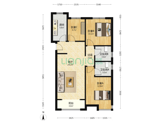 金海梧桐郡 3室1厅2卫 105平方