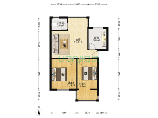 电气化二处四段家属楼 2室1厅1卫 67平方