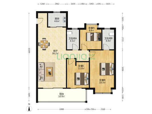 天颂花园三期 3室1厅2卫 127平方