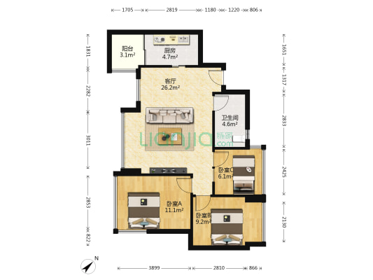 润扬双铁广场石犀里 3室1厅1卫 75平方