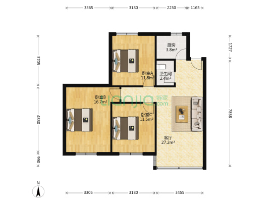 龙景苑(南岸) 3室1厅1卫 79平方