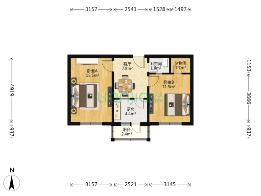 增光路40号院 2室1厅1卫 59平方