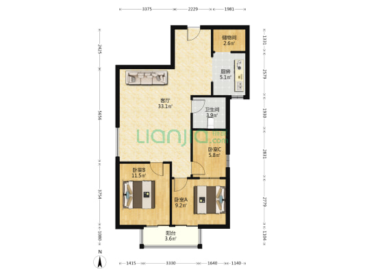 70年大产权，德信商圈电梯房，三室两厅小三居-户型图