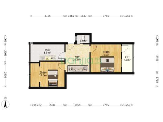 复兴北路147号 2室1厅1卫 56平方