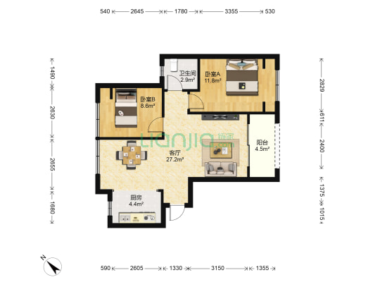 园辉红树湾 2室1厅1卫 77平方