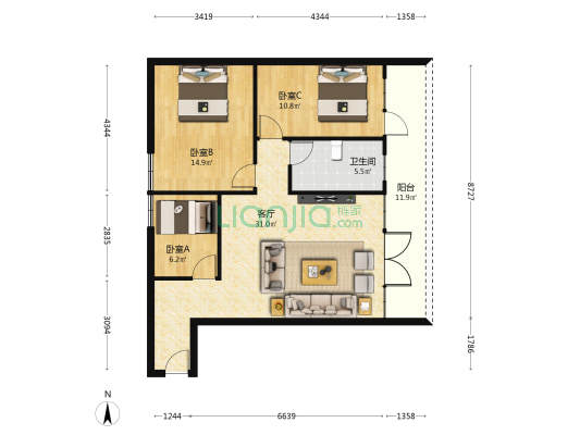 为和楼 3室1厅1卫 90平方