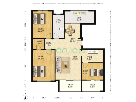 爱丽舍 3室2厅1卫 135平方