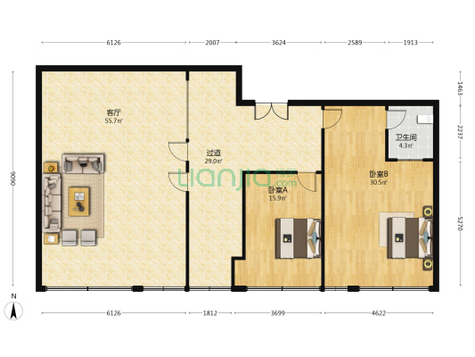 亚新投资大厦 2室1厅1卫 202平方