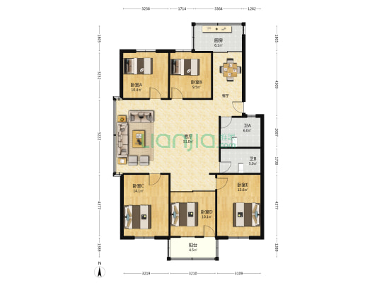 联建新村 5室1厅2卫 150平方