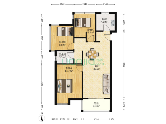 皖投万科天下艺境 3室1厅1卫 92平方
