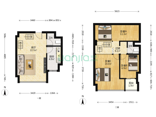 3号LOFT 3室1厅2卫 45平方